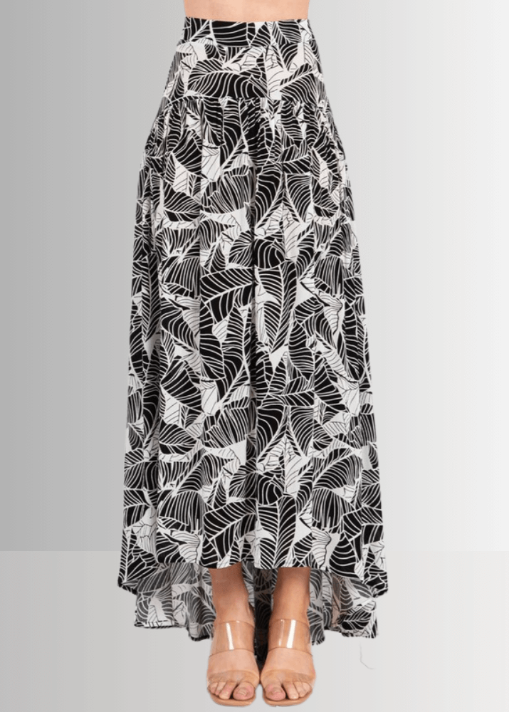 Made in USA Women's Rayon Challis Tropical Print Black and White High Low Flowy Skirt | Classy Cozy Cool Made in America Boutique