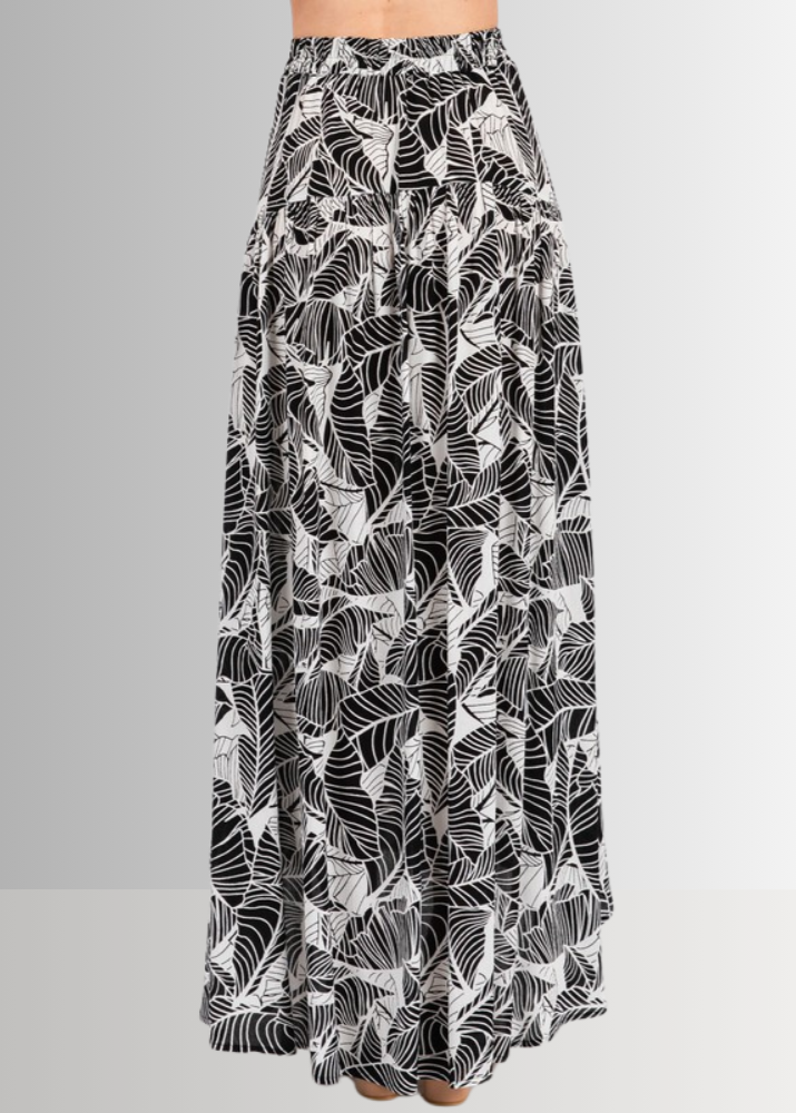 Made in USA Women's Rayon Challis Tropical Print Black and White High Low Flowy Skirt | Classy Cozy Cool Made in America Boutique