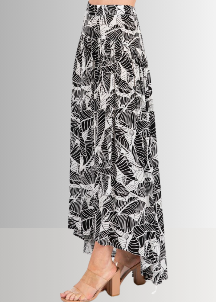 Made in USA Women's Rayon Challis Tropical Print Black and White High Low Flowy Skirt | Classy Cozy Cool Made in America Boutique