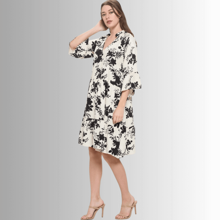 Made in USA Women's Cream with Black Floral Baby Doll Tiered Dress, Short Half Sleeves, Ruffled Collar, V-Neck, Knee Length, 100% Rayon, Renee C Style DA1404
