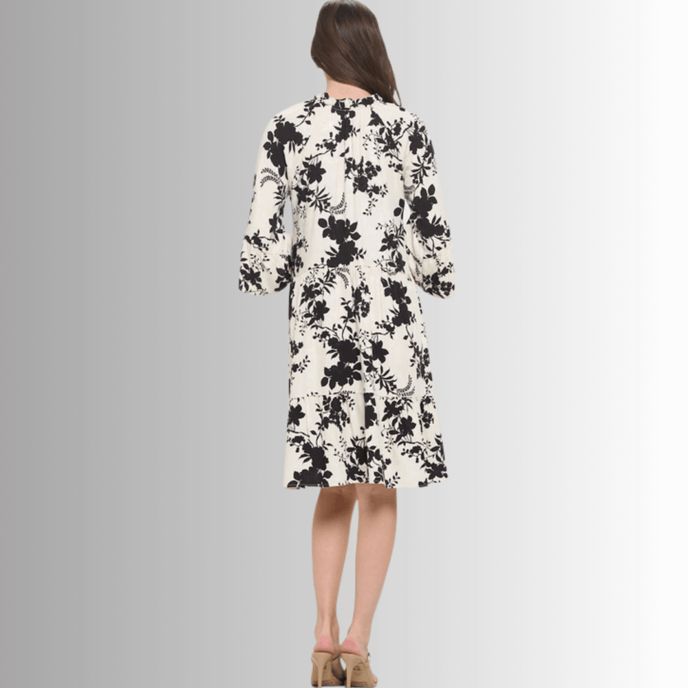Made in USA Women's Cream with Black Floral Baby Doll Tiered Dress, Short Half Sleeves, Ruffled Collar, V-Neck, Knee Length, 100% Rayon, Renee C Style DA1404