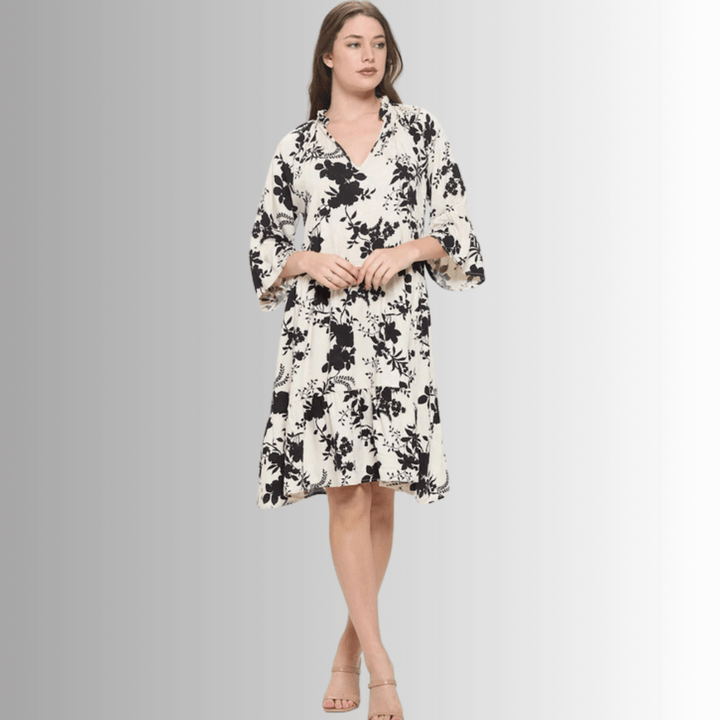 Made in USA Women's Cream with Black Floral Baby Doll Tiered Dress, Short Half Sleeves, Ruffled Collar, V-Neck, Knee Length, 100% Rayon, Renee C Style DA1404