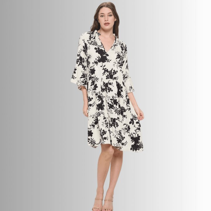 Made in USA Women's Cream with Black Floral Baby Doll Tiered Dress, Short Half Sleeves, Ruffled Collar, V-Neck, Knee Length, 100% Rayon, Renee C Style DA1404