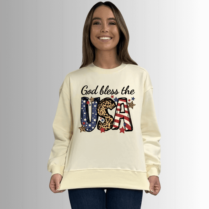 Made in USA Women's Cream Crew Neck Fleece Sweatshirt with God Bless USA Graphic, Heavyweight Cotton Fleece, Drop Shoulder, Relaxed Fit