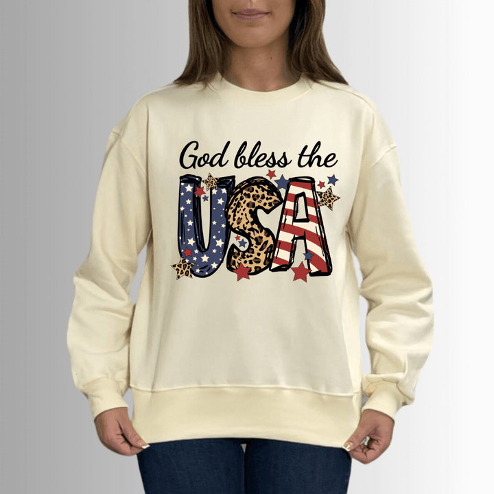Made in USA Women's Cream Crew Neck Fleece Sweatshirt with God Bless USA Graphic, Heavyweight Cotton Fleece, Drop Shoulder, Relaxed Fit
