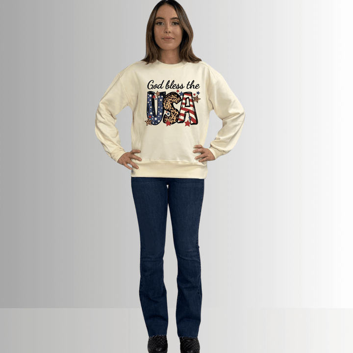 Made in USA Women's Cream Crew Neck Fleece Sweatshirt with God Bless USA Graphic, Heavyweight Cotton Fleece, Drop Shoulder, Relaxed Fit