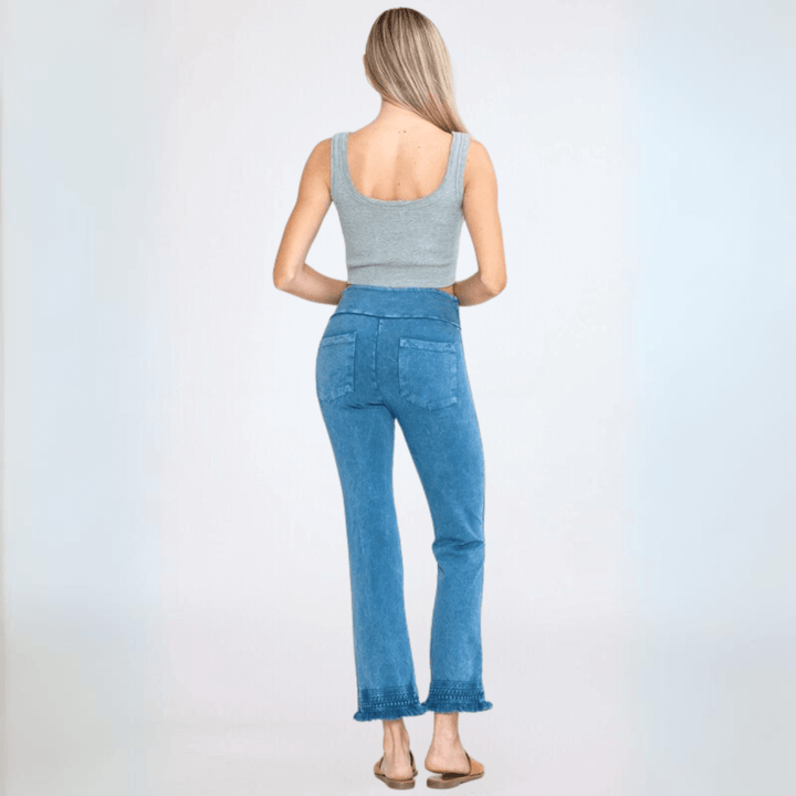 Made in USA Women's Stretchy Cropped Length Crochet Design Hem Mineral Washed Light Denim Jeggings | Classy Cozy Cool Made in America Boutique