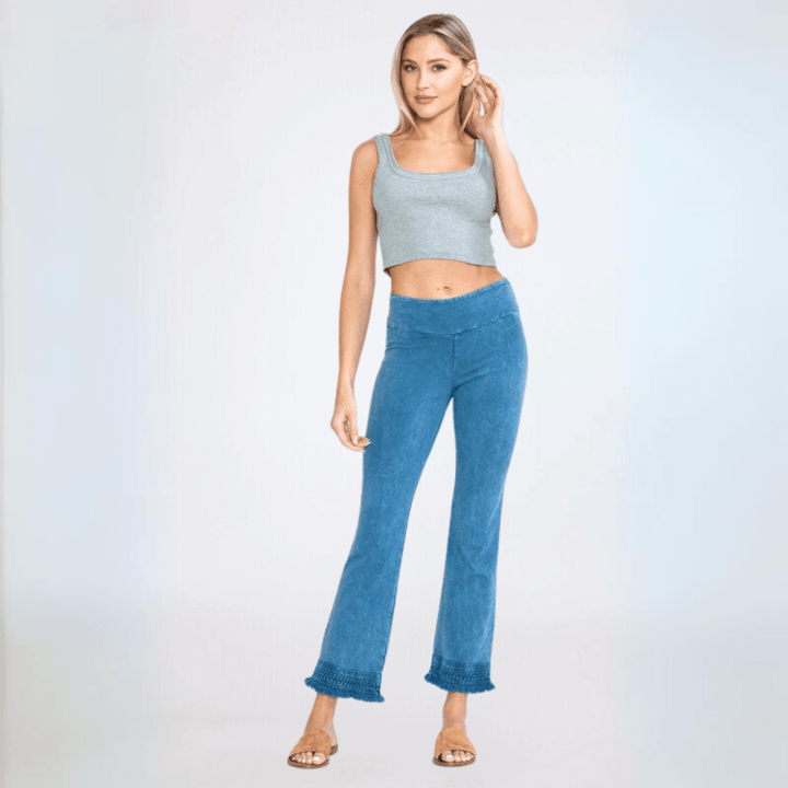 Made in USA Women's Stretchy Cropped Length Crochet Design Hem Mineral Washed Light Denim Jeggings | Classy Cozy Cool Made in America Boutique