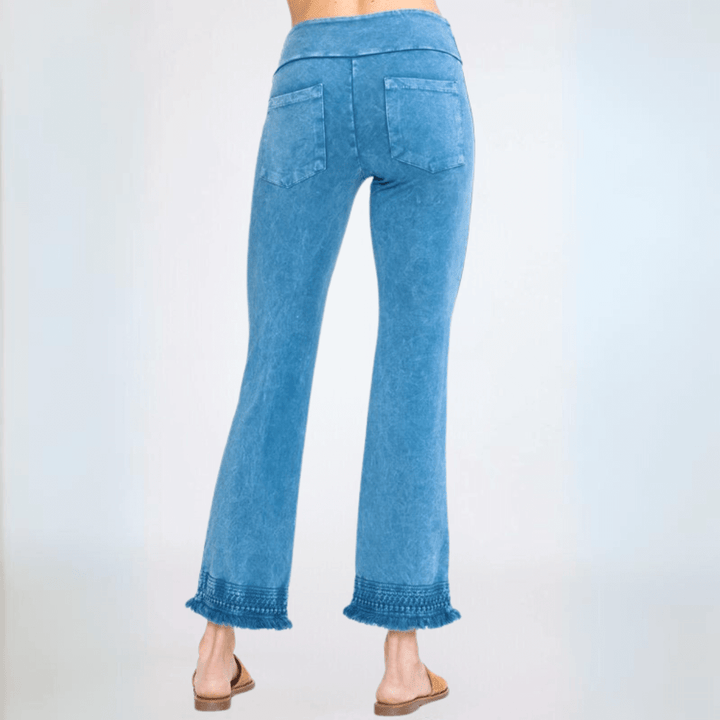 Made in USA Women's Stretchy Cropped Length Crochet Design Hem Mineral Washed Light Denim Jeggings | Classy Cozy Cool Made in America Boutique