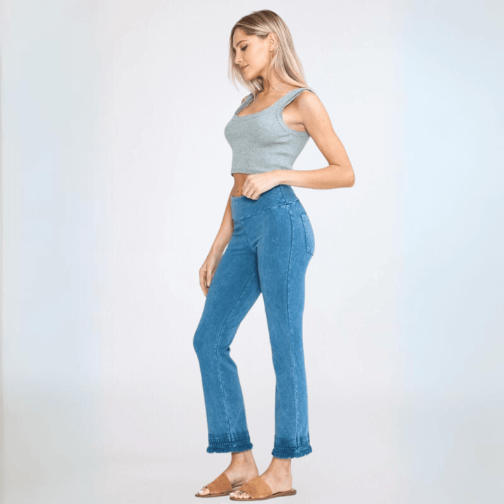 Made in USA Women's Stretchy Cropped Length Crochet Design Hem Mineral Washed Light Denim Jeggings | Classy Cozy Cool Made in America Boutique