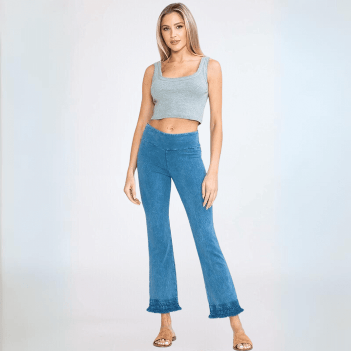 Made in USA Women's Stretchy Cropped Length Crochet Design Hem Mineral Washed Light Denim Jeggings | Classy Cozy Cool Made in America Boutique
