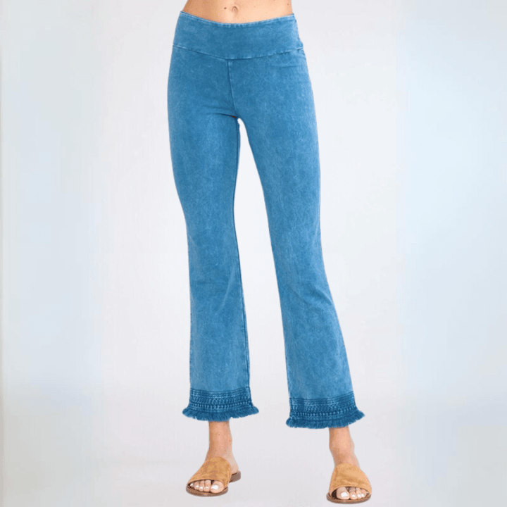 Made in USA Women's Stretchy Cropped Length Crochet Design Hem Mineral Washed Light Denim Jeggings | Classy Cozy Cool Made in America Boutique