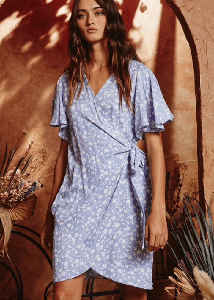Made in USA Women's Wrap Style V-Neck Tunic Mini Dress, With Short Flutter Sleeves, Light  Blue and White Floral Print, 100% Rayon, Bucket List Style D3068