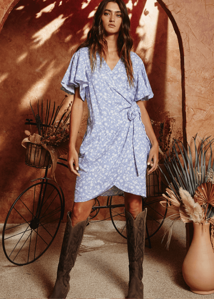 Made in USA Women's Wrap Style V-Neck Tunic Mini Dress, With Short Flutter Sleeves, Light  Blue and White Floral Print, 100% Rayon, Bucket List Style D3068