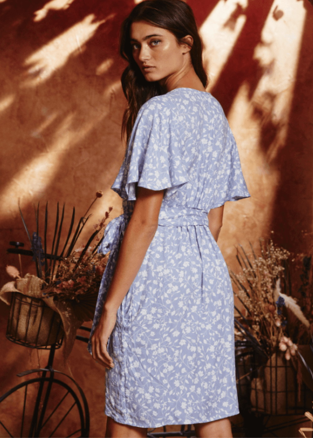 Made in USA Women's Wrap Style V-Neck Tunic Mini Dress, With Short Flutter Sleeves, Light  Blue and White Floral Print, 100% Rayon, Bucket List Style D3068