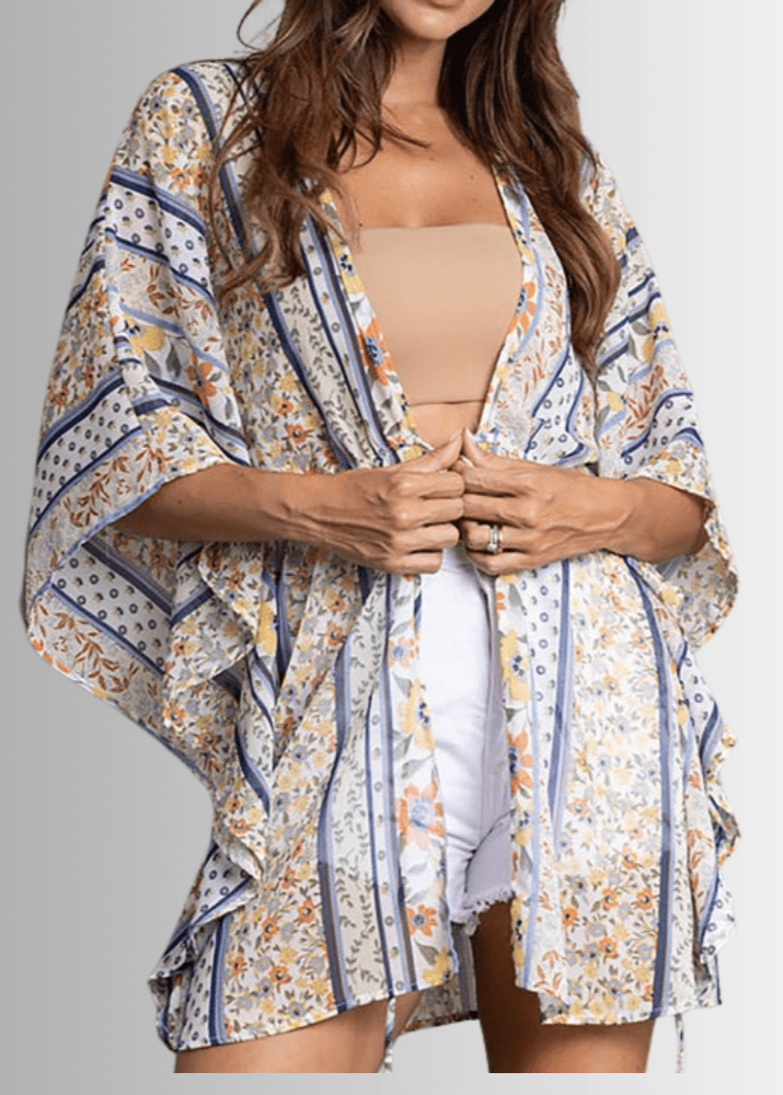 Made in USA Women's Colorful Boho Print Sheer Tie Front Kimono Top , Beach, Vacation, Dressy, Swim Coverup | Classy Cozy Cool Made in America Boutique
