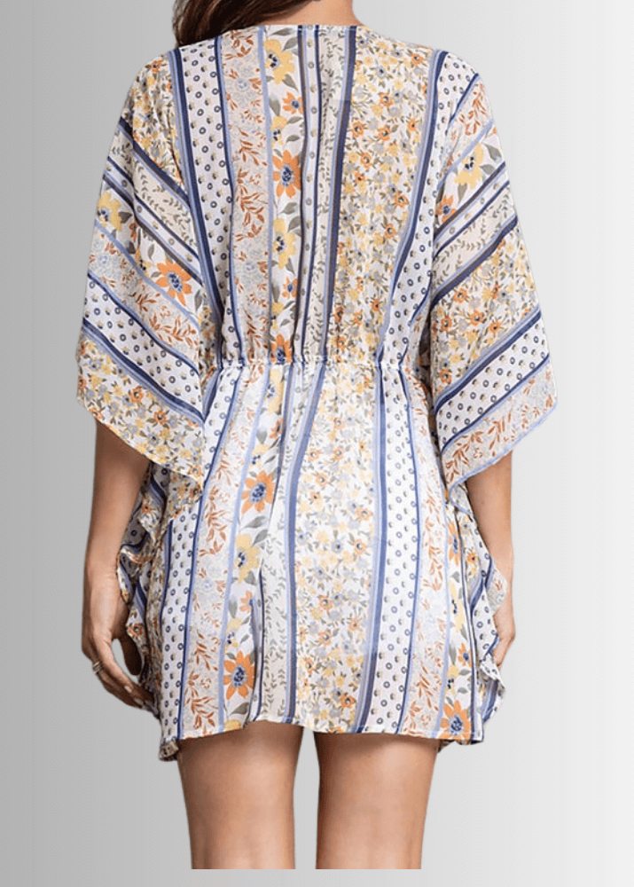 Made in USA Women's Colorful Boho Print Sheer Tie Front Kimono Top , Beach, Vacation, Dressy, Swim Coverup | Classy Cozy Cool Made in America Boutique