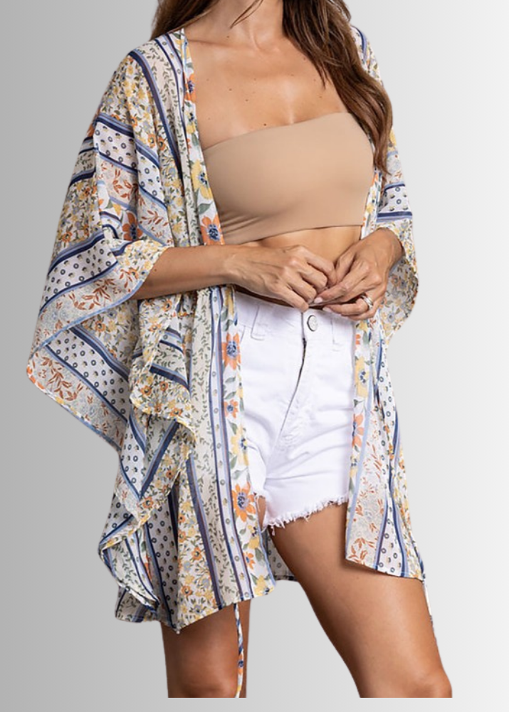 Made in USA Women's Colorful Boho Print Sheer Tie Front Kimono Top , Beach, Vacation, Dressy, Swim Coverup | Classy Cozy Cool Made in America Boutique