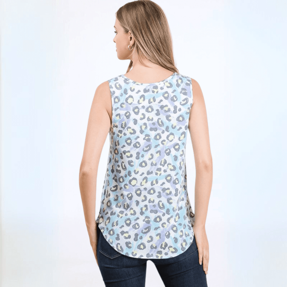 Made in USA Women's Pastel Leopard Print Tank, Regular Fit, Very Soft, Longer Length,  Off White, Aqua Blue, Lavender, Light Yellow | Classy Cozy Cool Made in America Boutique