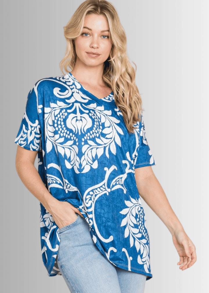 Made in USA Jersey Fabric V-Neck Oversized Loose Fit Longer Length Top, Short Sleeves, Blue with White Detail | Classy Cozy Cool Made in America Boutique