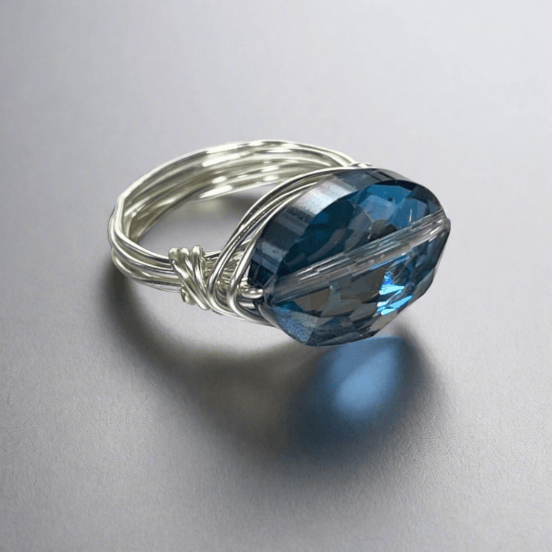 Hand Made in USA Women's Blue Crystal Silver Wire Wrap Ring Faceted to Pick Up Light in All Directions | Classy Cozy Cool Women's Made in America Boutique