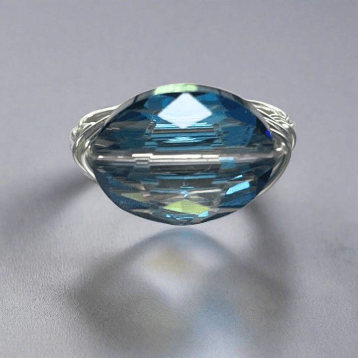 Hand Made in USA Women's Blue Crystal Silver Wire Wrap Ring Faceted to Pick Up Light in All Directions | Classy Cozy Cool Women's Made in America Boutique