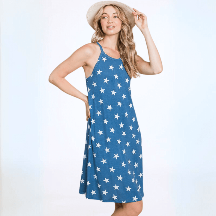 Made in USA Women's Patriotic Blue Stars Racerback Tank Dress Soft Jersey Material Mini/Midi Length Perfect for Beach & Swim Cover