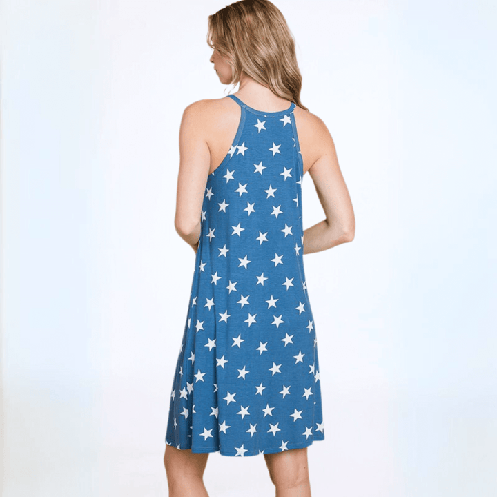 Made in USA Women's Patriotic Blue Stars Racerback Tank Dress Soft Jersey Material Mini/Midi Length Perfect for Beach & Swim Cover