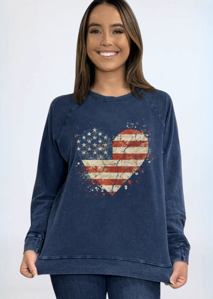 Made in USA Women's Mineral Washed Navy Sweatshirt with Patriotic Distressed American  Flag Heart Graphic | Made with USA Cotton | Classy Cozy Cool Women's Made in America Boutique