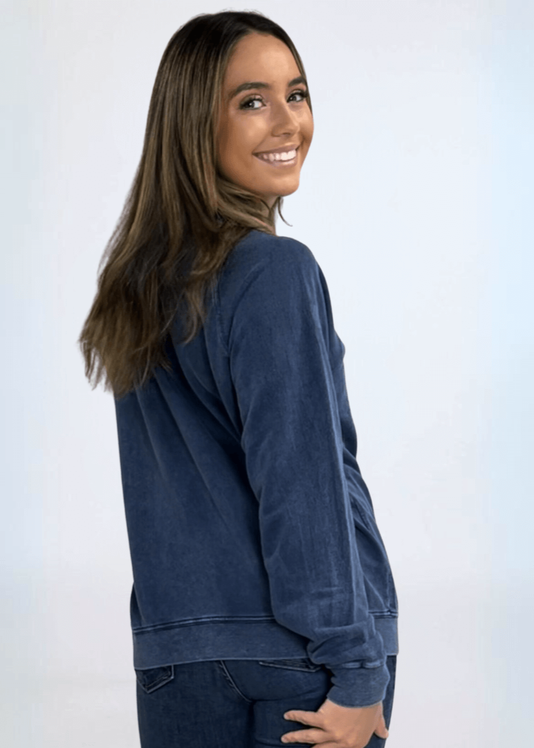 Made in USA Women's Mineral Washed Navy Sweatshirt with Patriotic Distressed American  Flag Heart Graphic | Made with USA Cotton | Classy Cozy Cool Women's Made in America Boutique