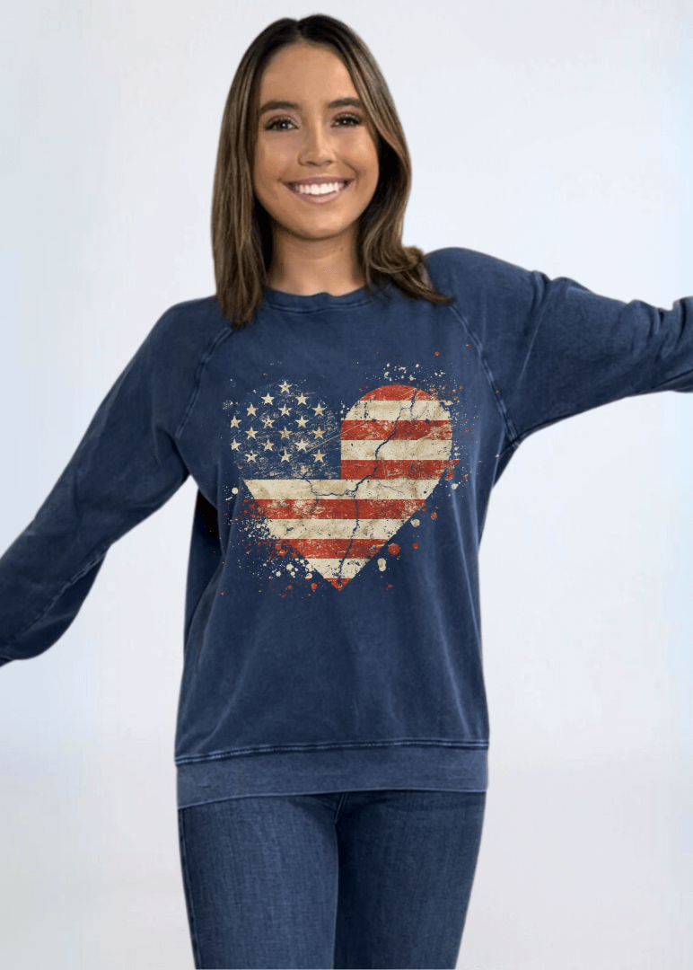 Made in USA Women's Mineral Washed Navy Sweatshirt with Patriotic Distressed American  Flag Heart Graphic | Made with USA Cotton | Classy Cozy Cool Women's Made in America Boutique