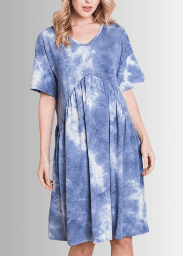 Made in USA Women's Denim Blue Tie Dye Shirred Waist Knee Length Short Sleeve Dress | Classy Cozy Cool Made in America Boutique