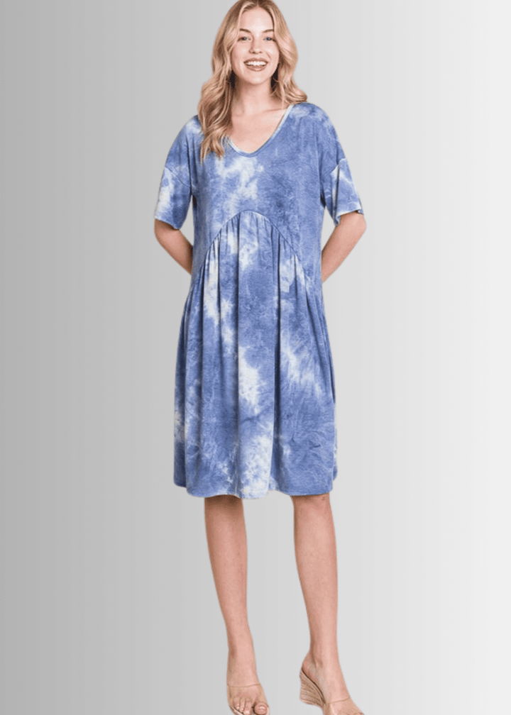 Made in USA Women's Denim Blue Tie Dye Shirred Waist Knee Length Short Sleeve Dress | Classy Cozy Cool Made in America Boutique