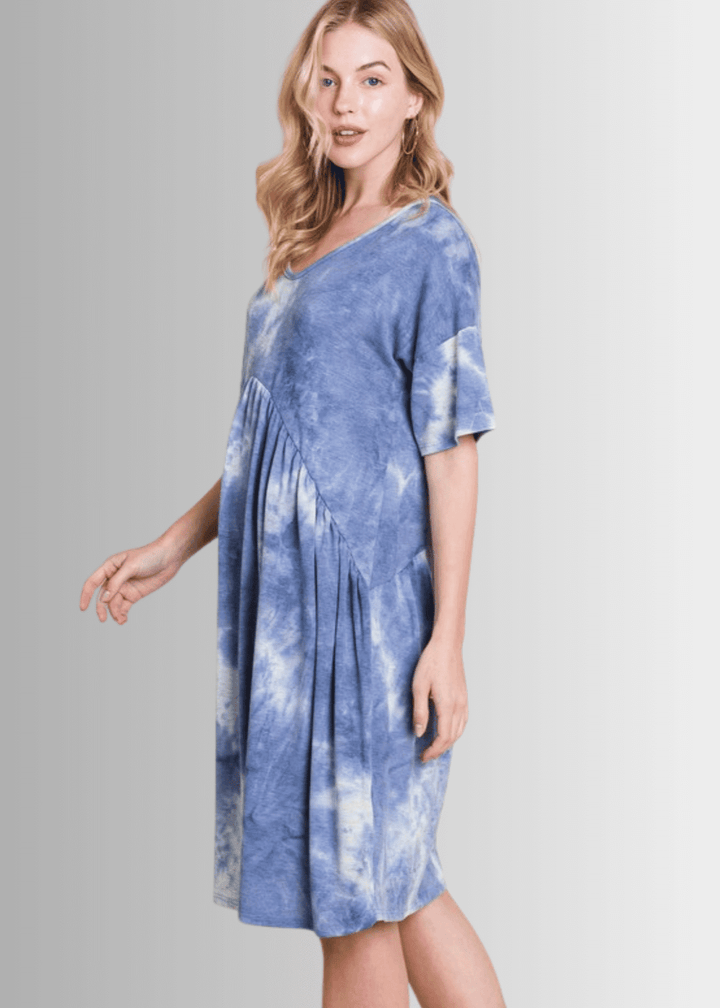 Made in USA Women's Denim Blue Tie Dye Shirred Waist Knee Length Short Sleeve Dress | Classy Cozy Cool Made in America Boutique