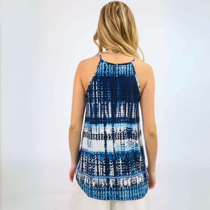 USA Made Women's Tie Dye Sleeveless Longer Length Halter Top in Shades of Blue | Renee C Style# 4056TPJ | Classy Cozy Cool Women's Made in USA Boutique