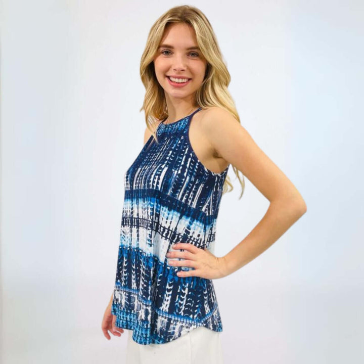 USA Made Women's Tie Dye Sleeveless Longer Length Halter Top in Shades of Blue | Renee C Style# 4056TPJ | Classy Cozy Cool Women's Made in USA Boutique
