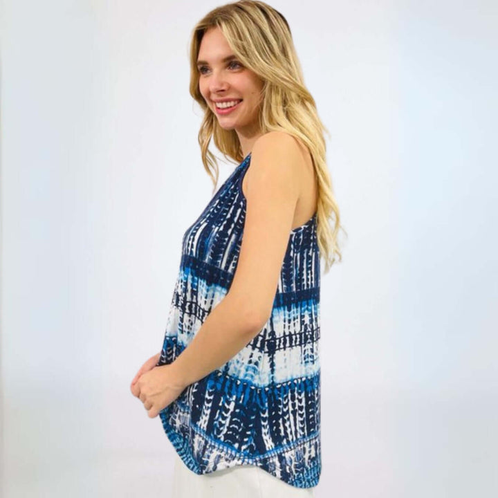 USA Made Women's Tie Dye Sleeveless Longer Length Halter Top in Shades of Blue | Renee C Style# 4056TPJ | Classy Cozy Cool Women's Made in USA Boutique