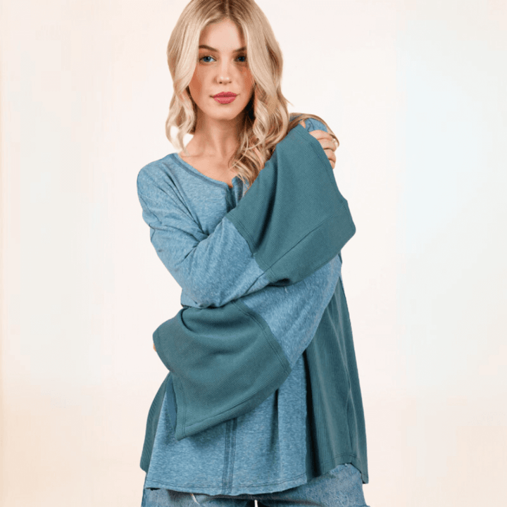 Made in USA Women's Long Bell Sleeve Oversized Fit Blue-Green Color Block Lightweight Ribbed Top with Scoop V-Neck | Classy Cozy Cool Made in America Boutique