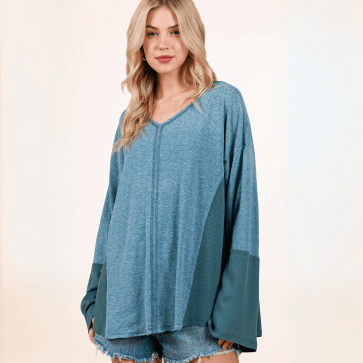 Made in USA Women's Long Bell Sleeve Oversized Fit Blue-Green Color Block Lightweight Ribbed Top with Scoop V-Neck | Classy Cozy Cool Made in America Boutique