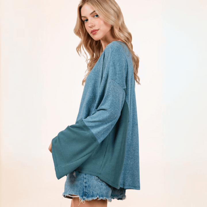Made in USA Women's Long Bell Sleeve Oversized Fit Blue-Green Color Block Lightweight Ribbed Top with Scoop V-Neck | Classy Cozy Cool Made in America Boutique