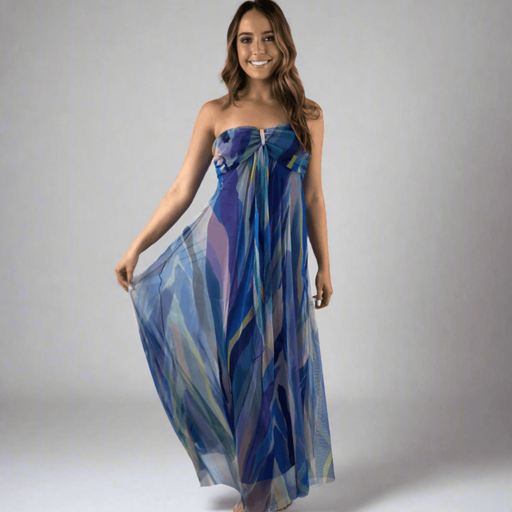 Made in USA Elana Kattan AQURELLE 817 Gorgeous Strapless Mesh Empire Waist Dress with print in watercolor shades | Perfect for Weddings, Evening Events, Prom, Formals, Resort Evening