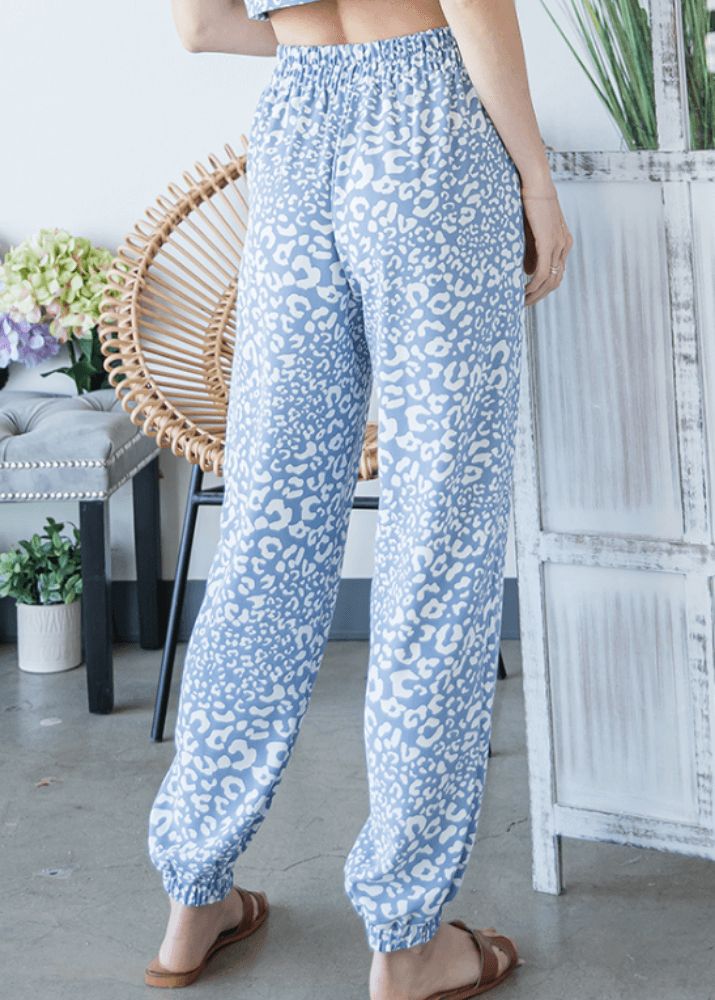 Bucket List Brand Clothing Style# P5074 | Light Weight Blue Leopard Jogger Style Casual Pants | Made in USA | Classy Cozy Cool Women's American Boutique