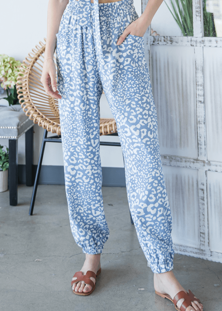 Bucket List Brand Clothing Style# P5074 | Light Weight Blue Leopard Jogger Style Casual Pants | Made in USA | Classy Cozy Cool Women's American Boutique