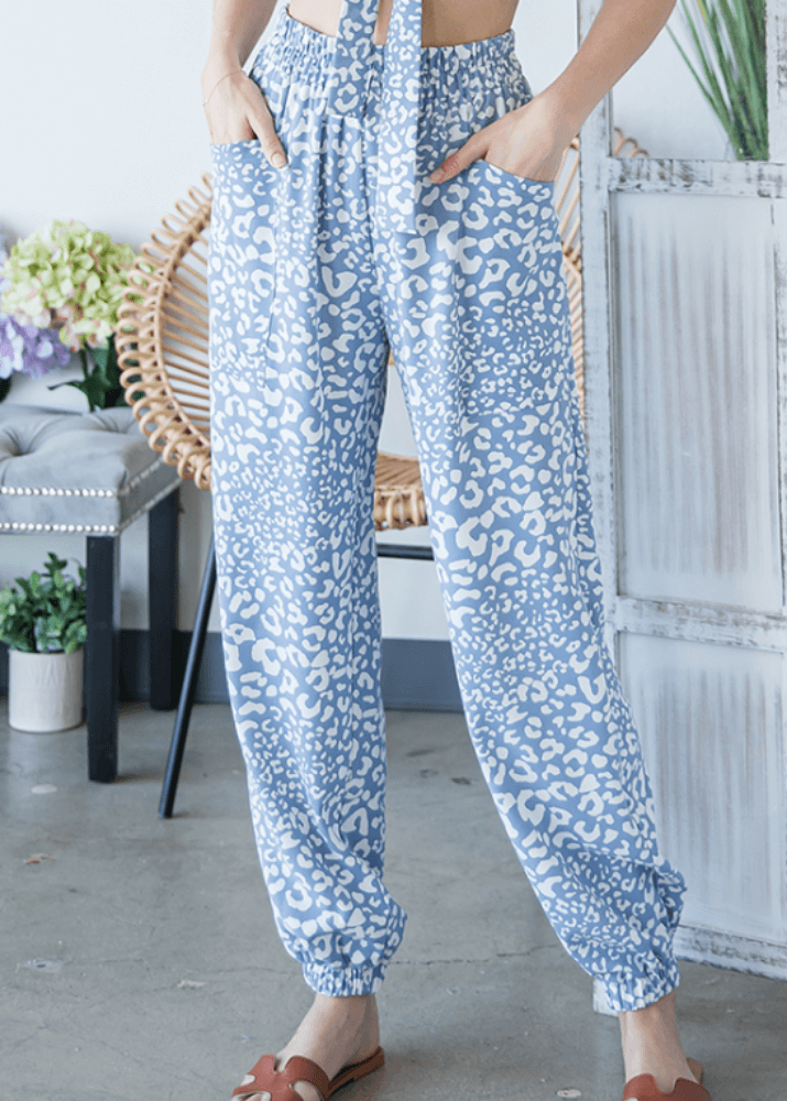 Bucket List Brand Clothing Style# P5074 | Light Weight Blue Leopard Jogger Style Casual Pants | Made in USA | Classy Cozy Cool Women's American Boutique