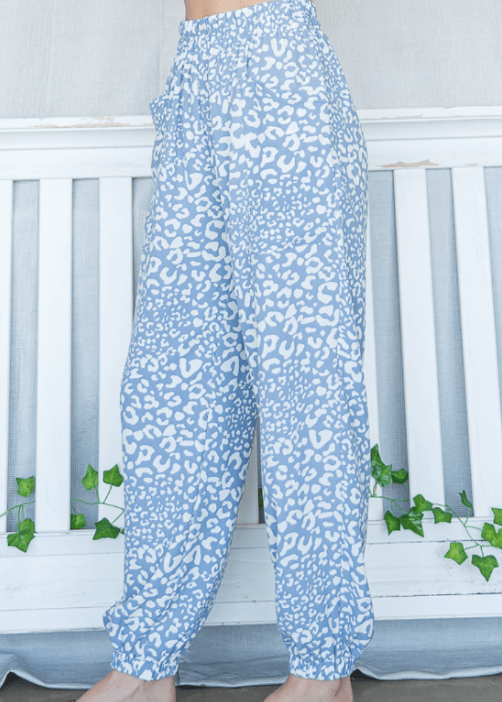 Bucket List Brand Clothing Style# P5074 | Light Weight Blue Leopard Jogger Style Casual Pants | Made in USA | Classy Cozy Cool Women's American Boutique