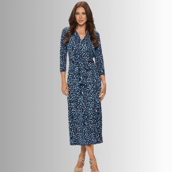 Women's Printed Wrap Style Brushed Knit Maxi Dress with 3/4 Sleeves in Navy, Light Blue & White | Renee C. Style L4329DRB | Made in USA | Classy Cozy Cool Made in America Clothing Boutique