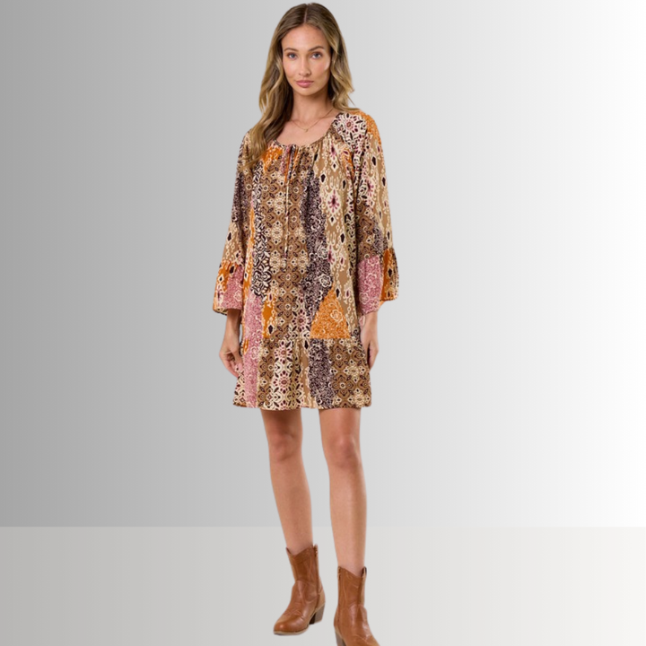 Made in USA Women's Lightweight Boho Pattern Ruffled A-Line Dress | Classy Cozy Cool Made in America Boutique