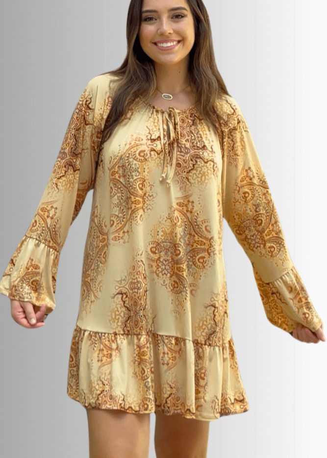 Made in USA Women's Boho Beautiful Lightweight Jersey A-Line Mini Dress, Long Sleeves, Ruffled Hem and Cuffs, Tie Front Detail in Mustard | Classy Cozy Cool Made in America Boutique