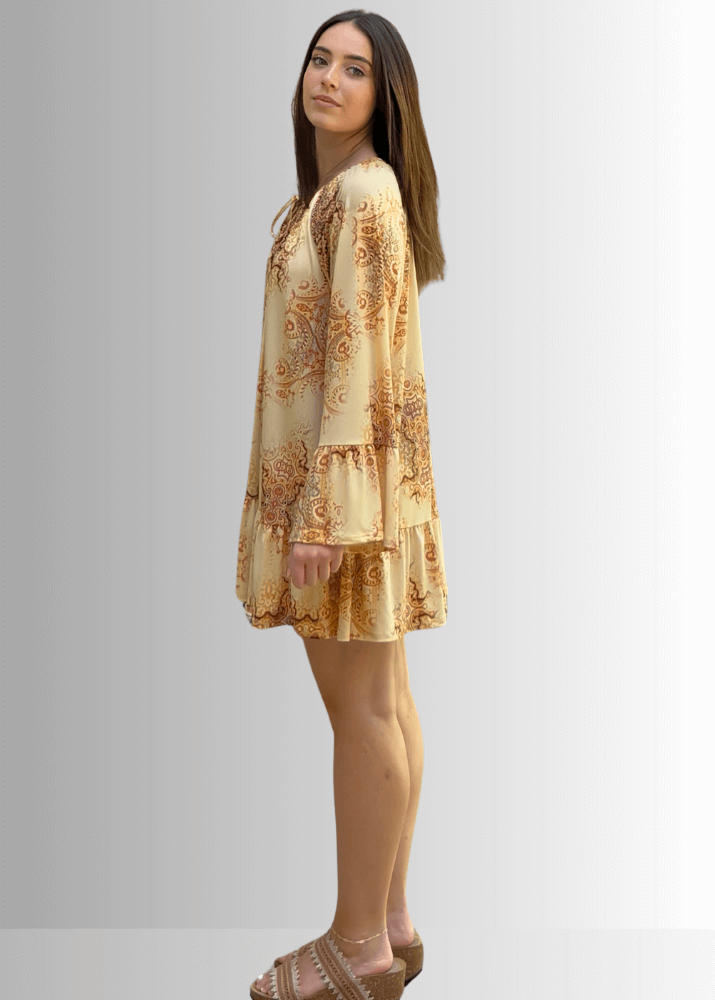Made in USA Women's Boho Beautiful Lightweight Jersey A-Line Mini Dress, Long Sleeves, Ruffled Hem and Cuffs, Tie Front Detail in Mustard | Classy Cozy Cool Made in America Boutique