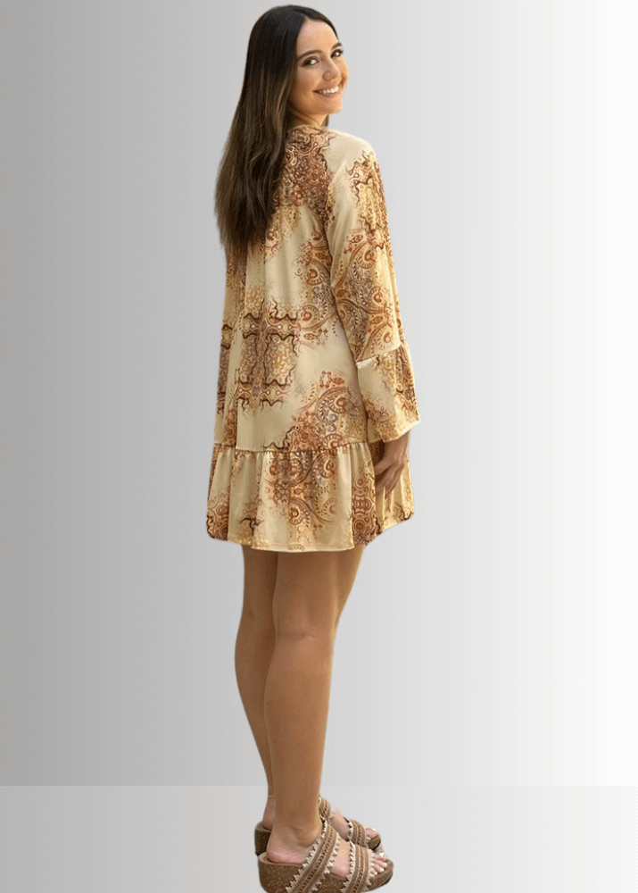 Made in USA Women's Boho Beautiful Lightweight Jersey A-Line Mini Dress, Long Sleeves, Ruffled Hem and Cuffs, Tie Front Detail in Mustard | Classy Cozy Cool Made in America Boutique